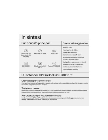 NB HP PROBOOK 450 G10 7L748ET i5-1334U 15.6" 8GB SSD256GB Finger Print W11P**Garanzia 2 anni OnSite**
